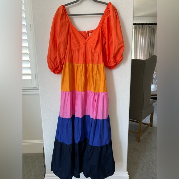 Farm Rio for Anthropologie Tiered Colorblock Cotton Puff Sleeve Maxi Dress XS - Picture 2 of 10